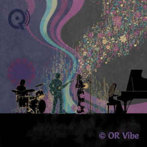 Groupe de musiciens sur scène, notes et fleurs colorées, ambiance digitale et musicale
