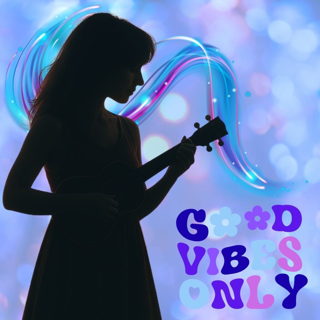 Silhouette d’une femme jouant du ukulélé sur fond bleu-violet lumineux, avec l’inscription « Good Vibes Only » – image représentative de l’univers créatif d’OR Vibe Studio.