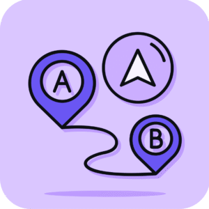 Illustration de carte avec points A et B reliés, représentant la proximité et l’écoute client.